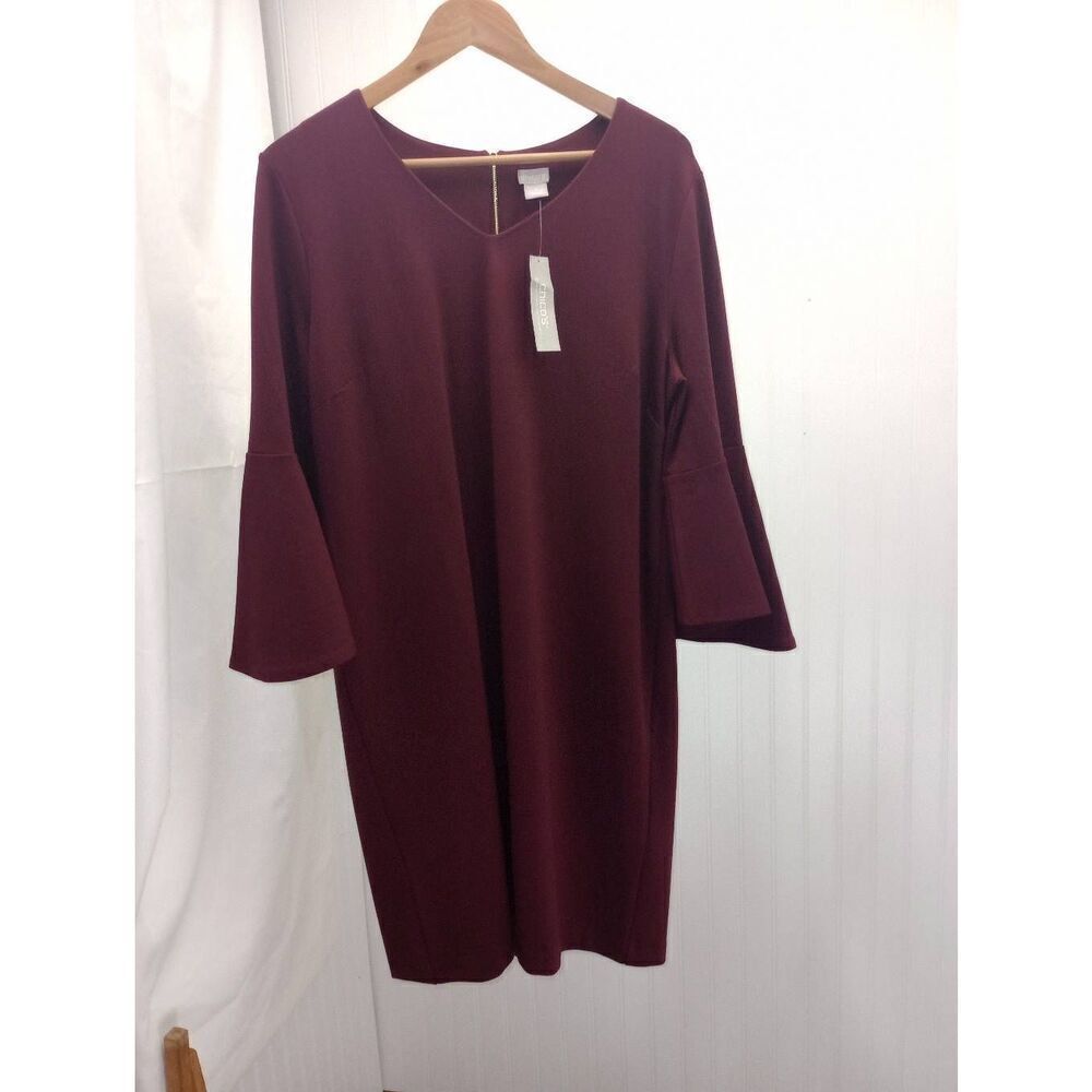 NWT Chico's burgundy dress. Sheath, ponte, Flare sleeve size 12, (chicos size
